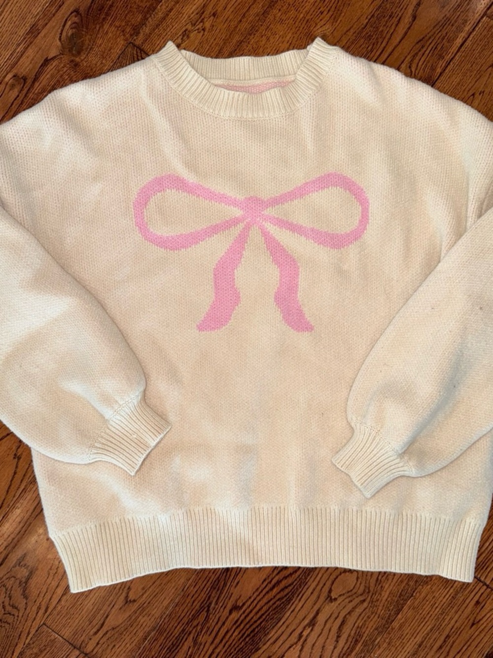 SHEIN Cream Crewneck Sweater with Pink Bow Motif